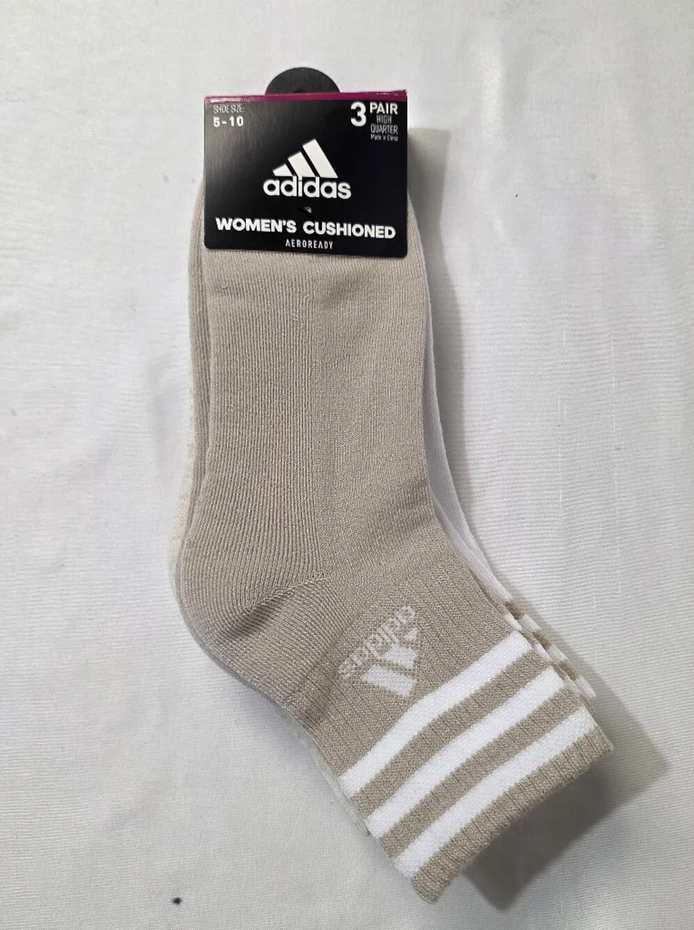 adidas Cushioned 3 Stripe High Quarter Crew Socks Womens Size 5-10 Climacool 3Pk
